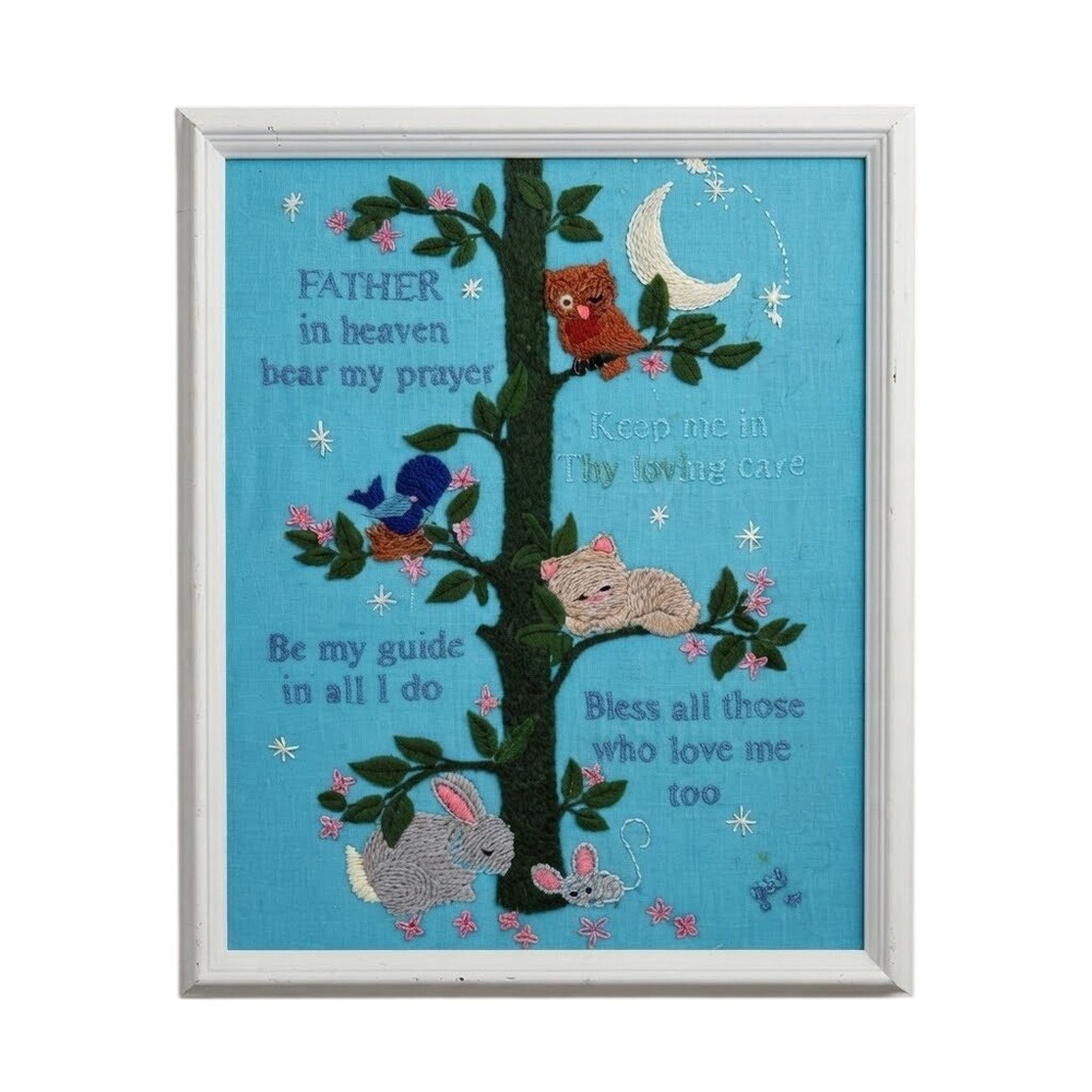 Embroidered Crewel Child Prayer Framed Textile Wall Art Animals Nursery Vintage